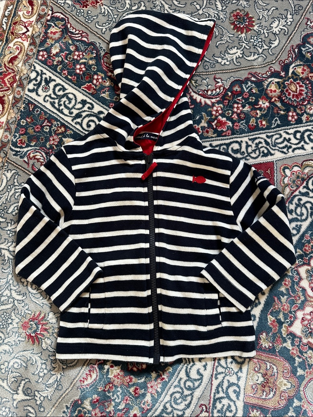 Navy & White Striped Hooded Zip Sweatshirt with Red Trim - Kids